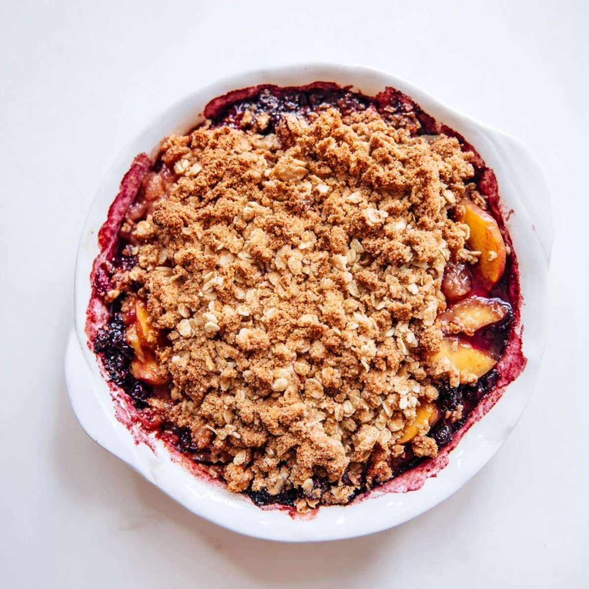 Warm, bubbly fruit crisp with golden oat topping, showing how to make the easy dessert.