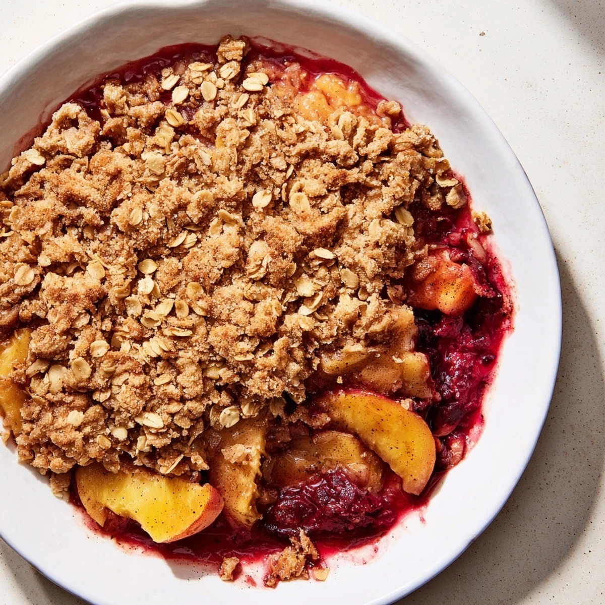 A close-up of a fruit crisp filled with sweet, frozen fruit just out of the oven.