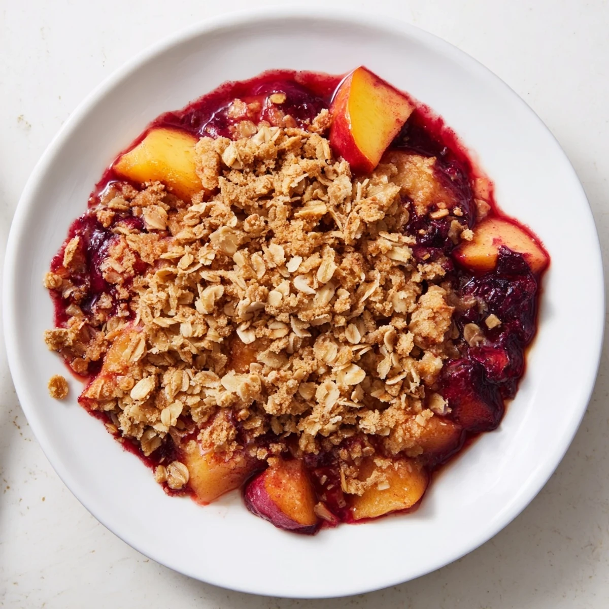 Homemade fruit crisp bubbling in the pan, perfect for serving warm with vanilla ice cream.