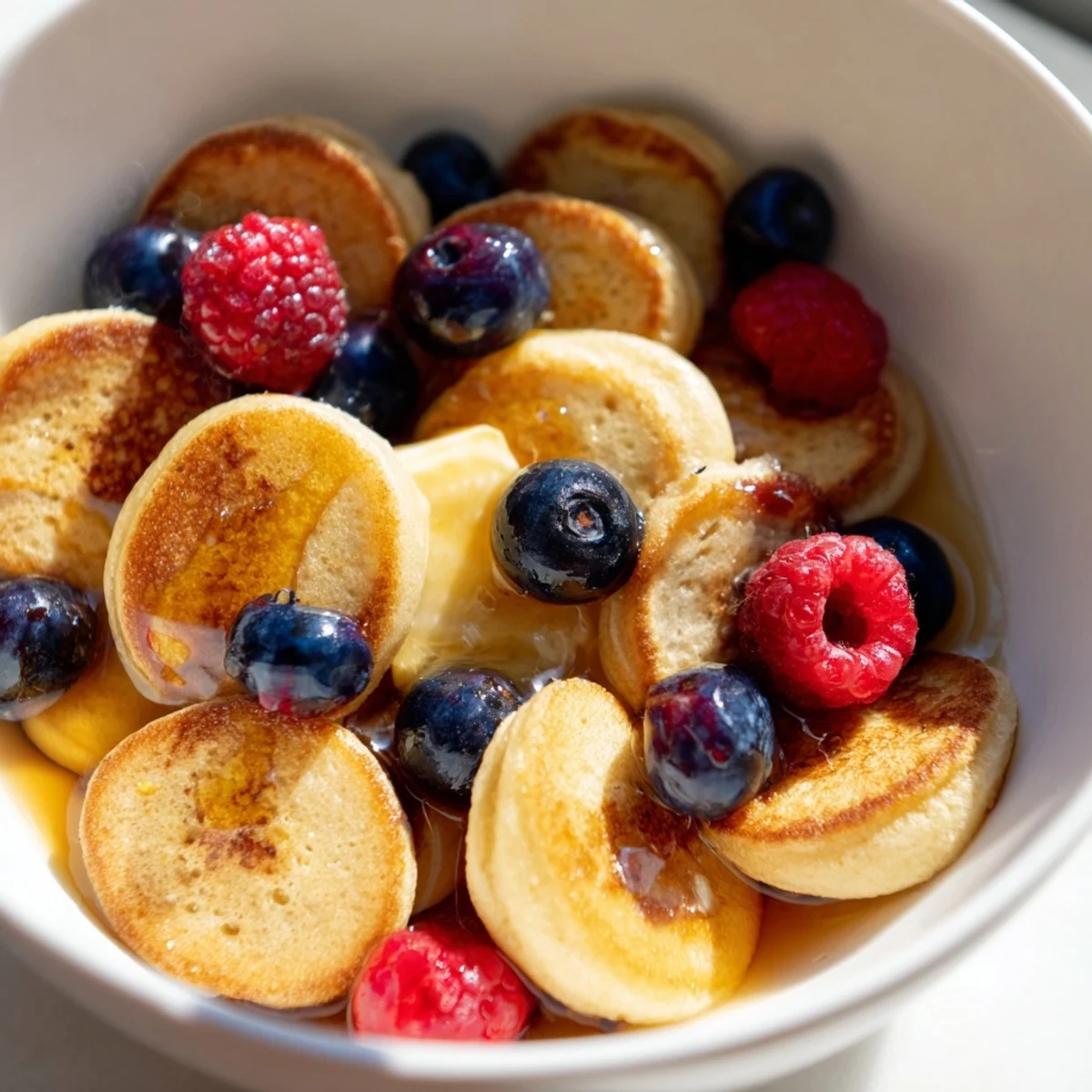 Fluffy golden-brown pancake cereal in a bowl, perfect for a quick and fun breakfast treat.