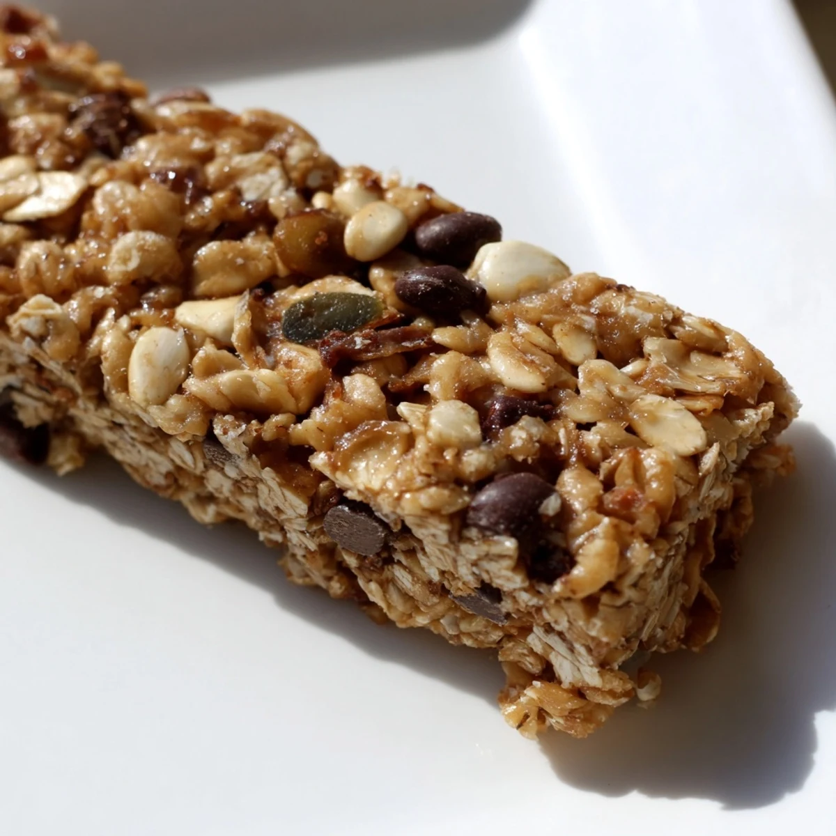 A close-up of freshly baked homemade granola bars, perfectly cut, showing the tempting textures within.