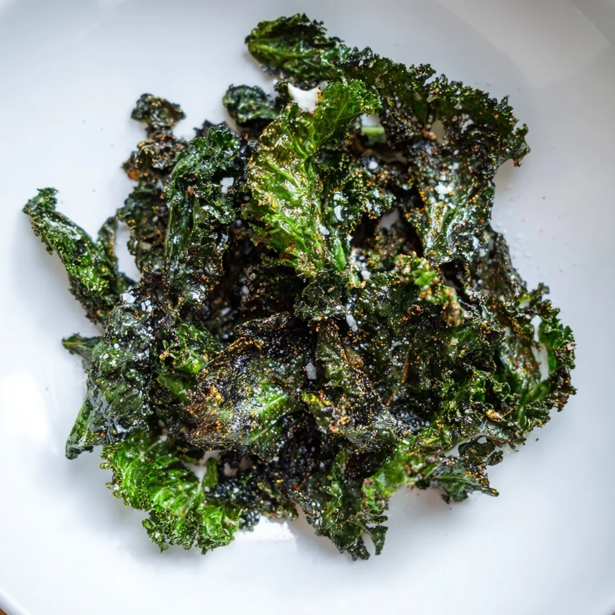 Golden brown, crispy baked kale chips, a healthy snack, ready to be enjoyed.