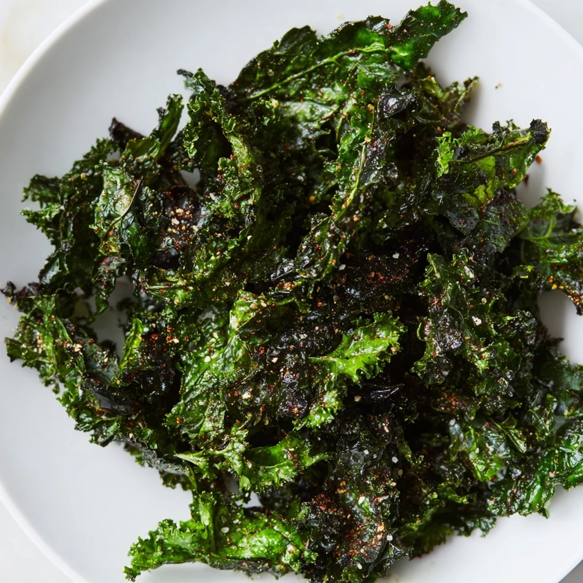 Close-up of freshly baked kale chips, seasoned and ready for a crunchy bite.