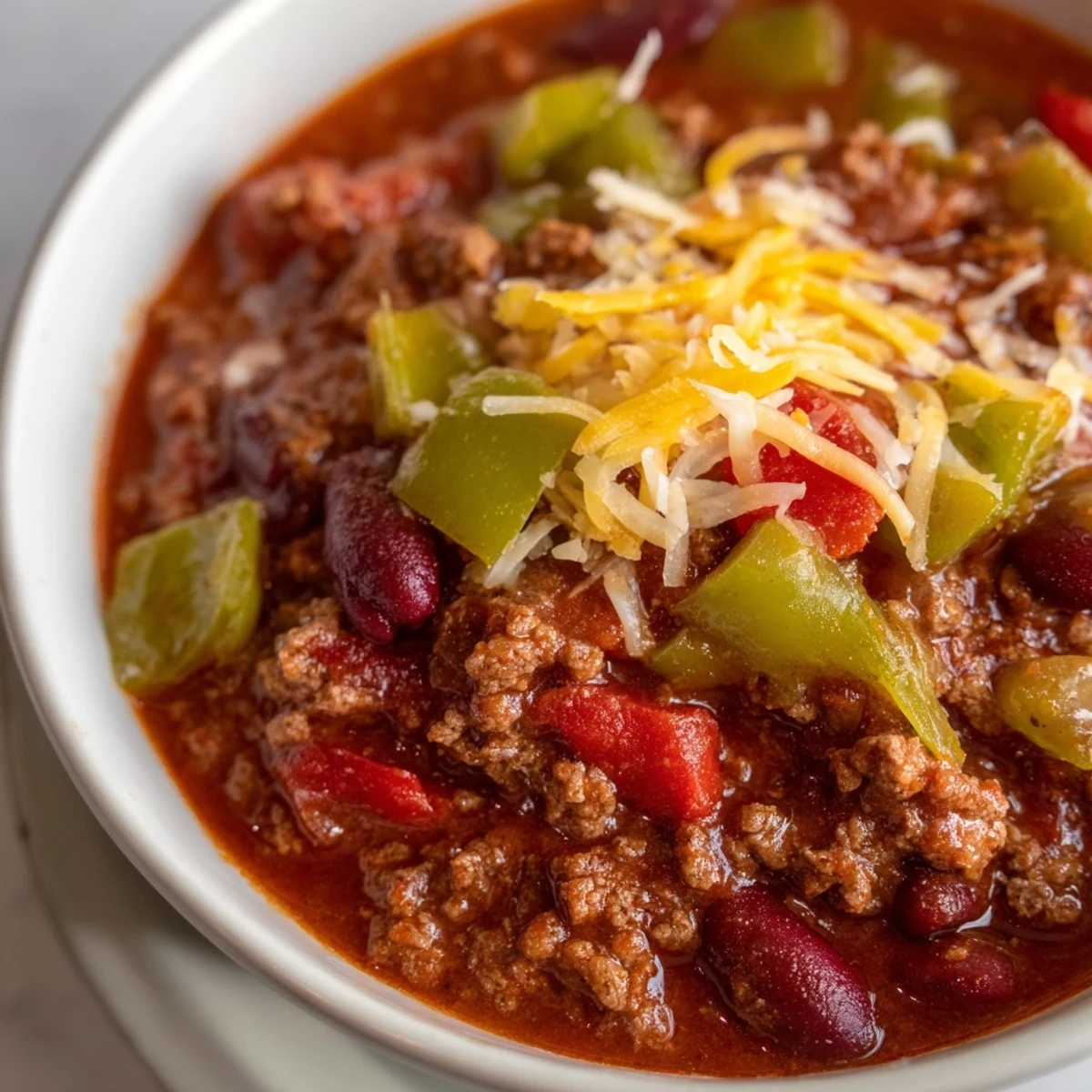 A close-up of hearty quick chili with canned beans, showcasing the rich tomato and bean textures.