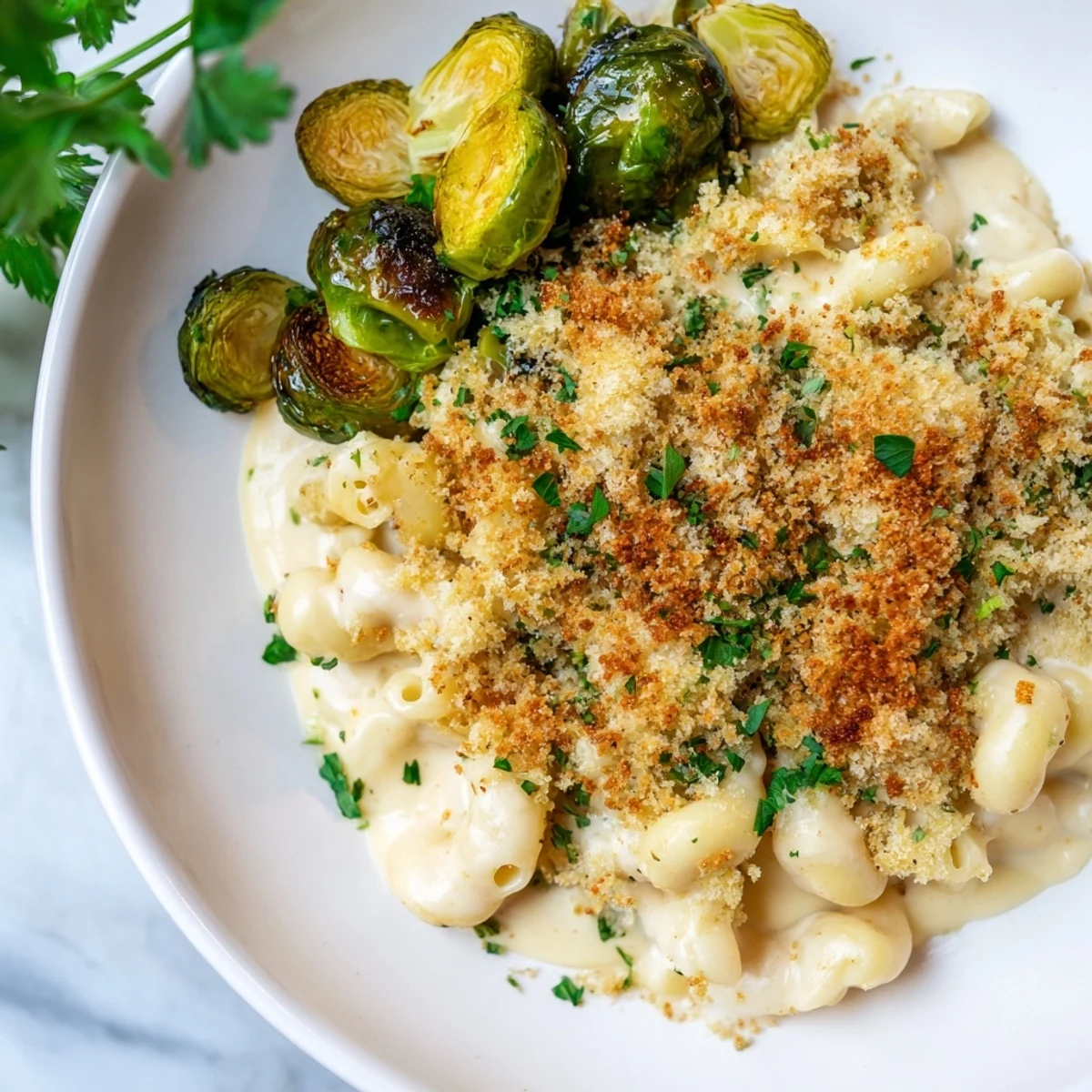 Golden, bubbly Sheet Pan Mac and Cheese with crispy Brussels sprouts, ready to serve and enjoy.