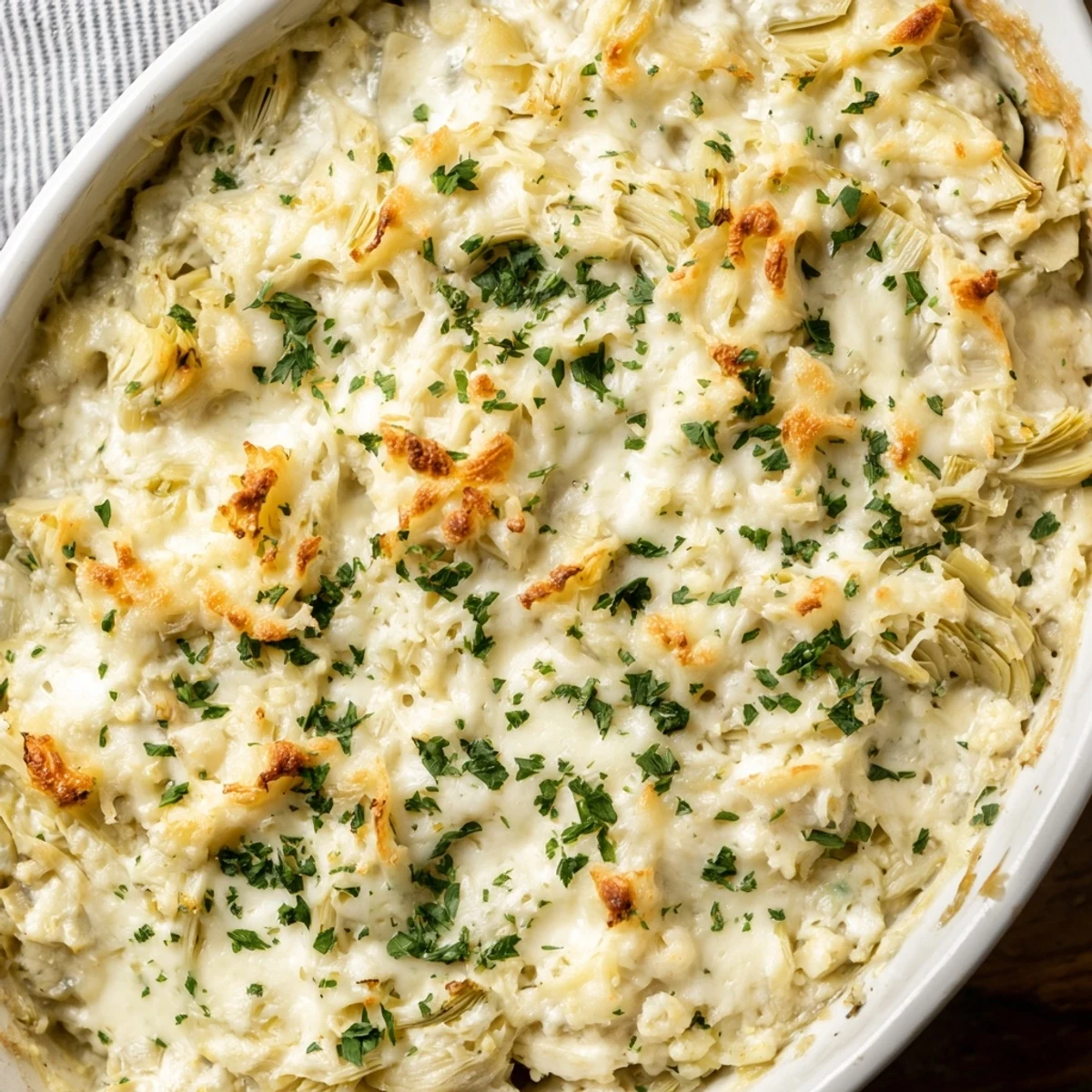 Warm and bubbly baked artichoke dip, with golden cheese and tender artichoke hearts, ready to serve.