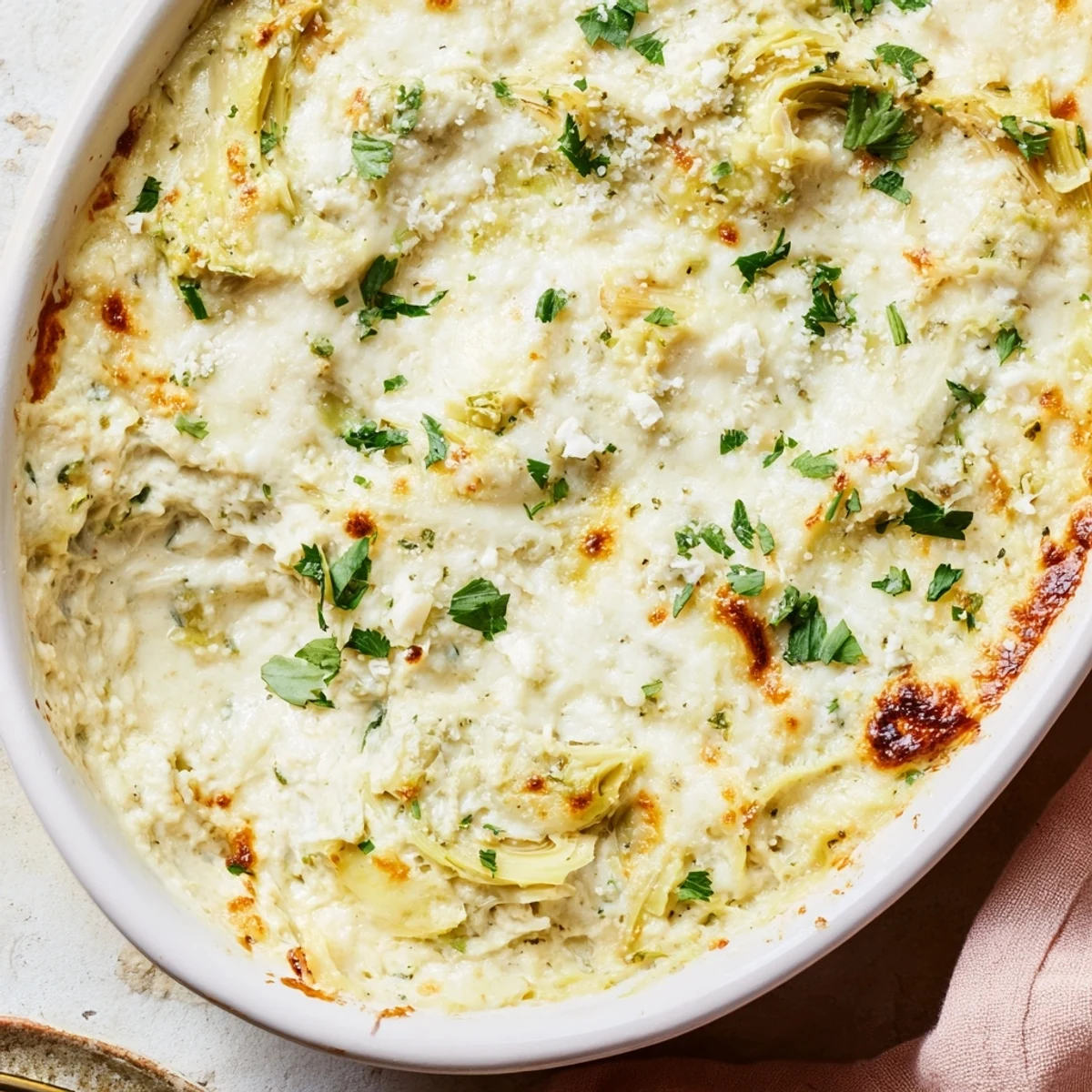 Golden-brown baked artichoke dip bubbling in a baking dish, with a rich cream cheese base and herbs.