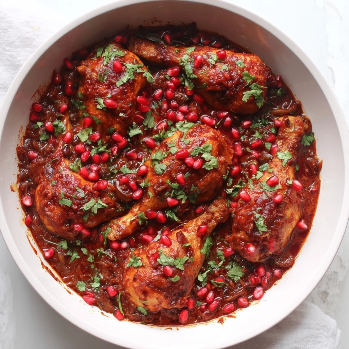 A close-up of a bubbling pot of Pomegranate Walnut Fesenjan Stew, rich and fragrant.