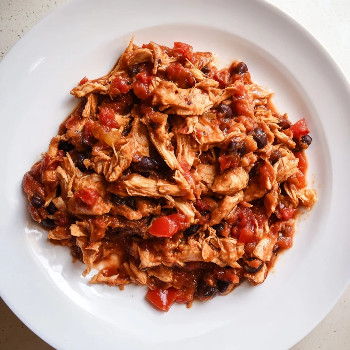 This vibrant photo shows a fully cooked, bubbling Slow Cooker Salsa Chicken, perfect with fresh toppings.
