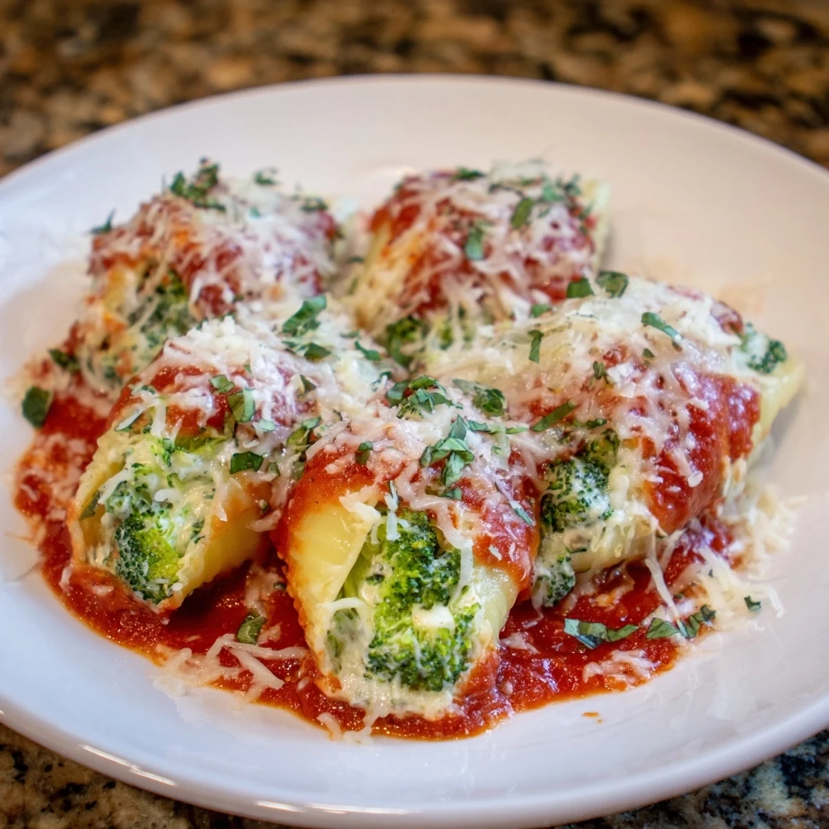 Delectable Cozy Broccoli Stuffed Manicotti, baked with a golden crust and sprinkled with fresh basil.