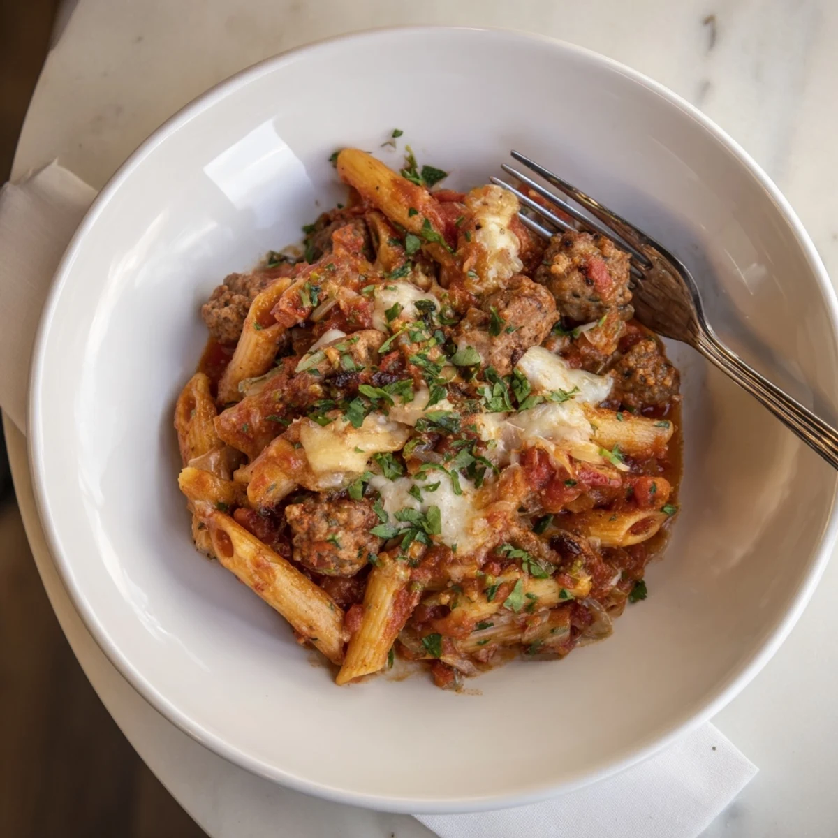 A bubbly, golden-brown Budget Sausage and Cheese Pasta Bake fresh from the oven, ready to serve.
