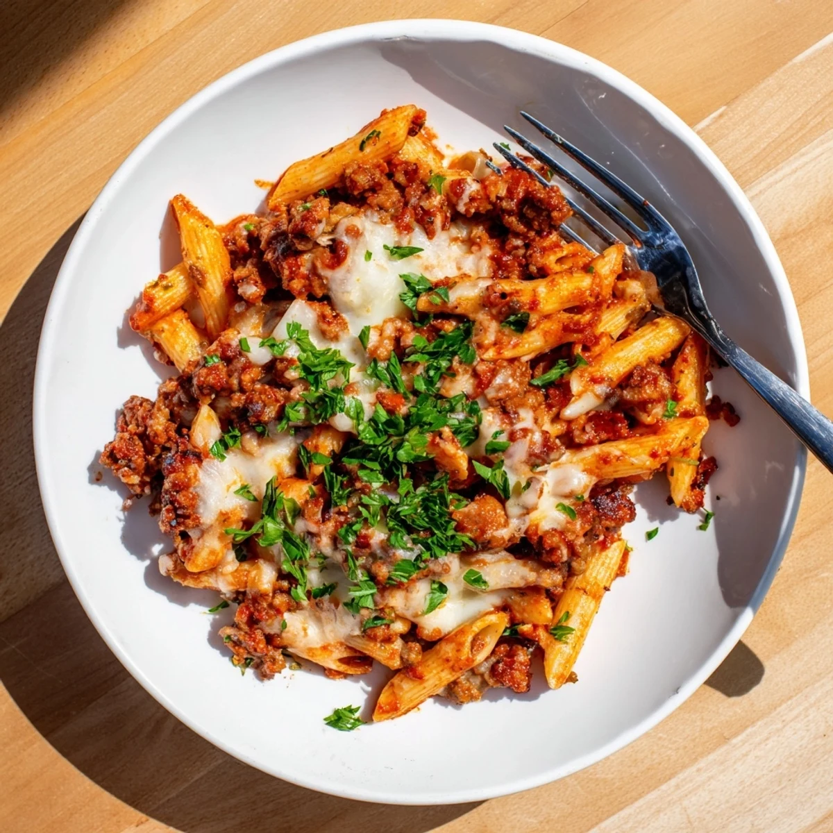 A close-up of the delicious Budget Sausage and Cheese Pasta Bake, with herbs and cheese visible—delicious!