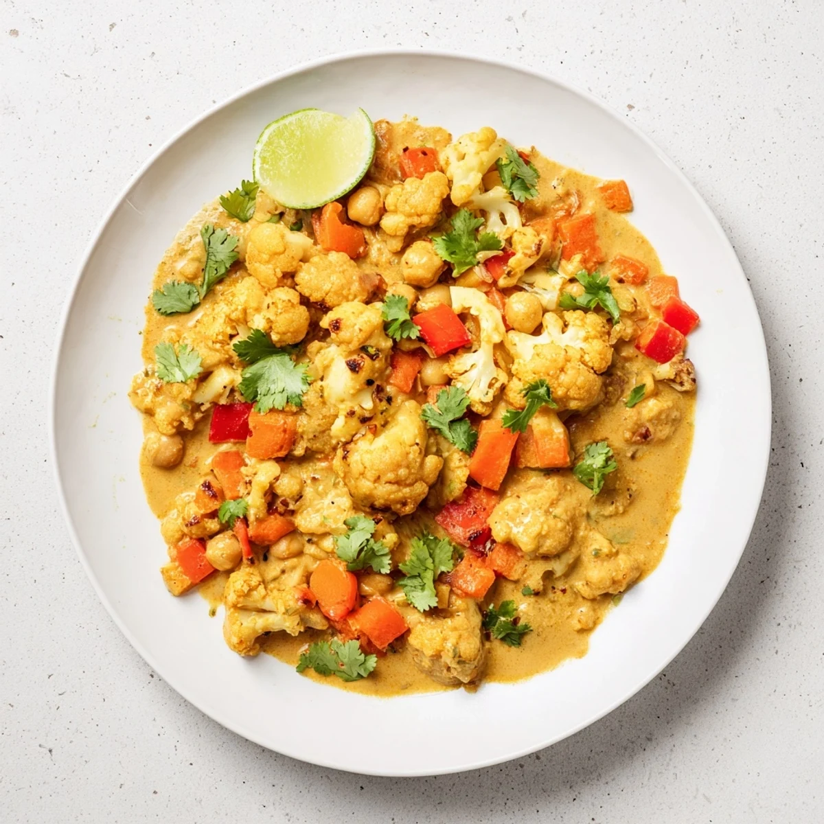 Steaming curried cauliflower and chickpea coconut stew, a vibrant, fragrant Indian-inspired dinner ready to serve.