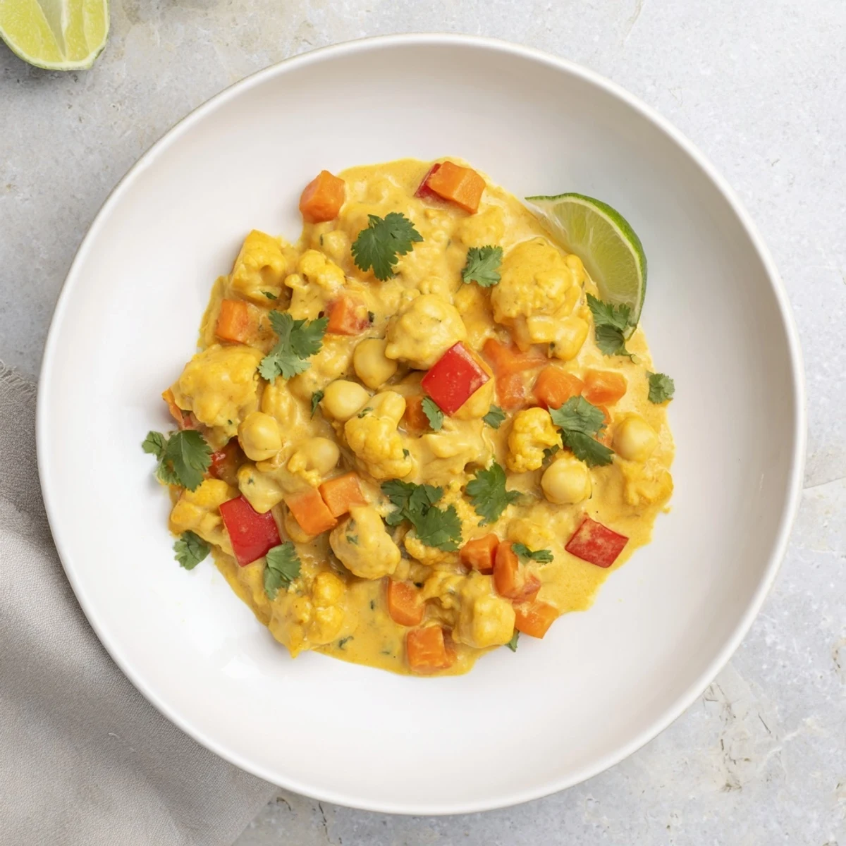 A close-up shot of the rich, creamy curried cauliflower and chickpea coconut stew, perfect with fresh cilantro.