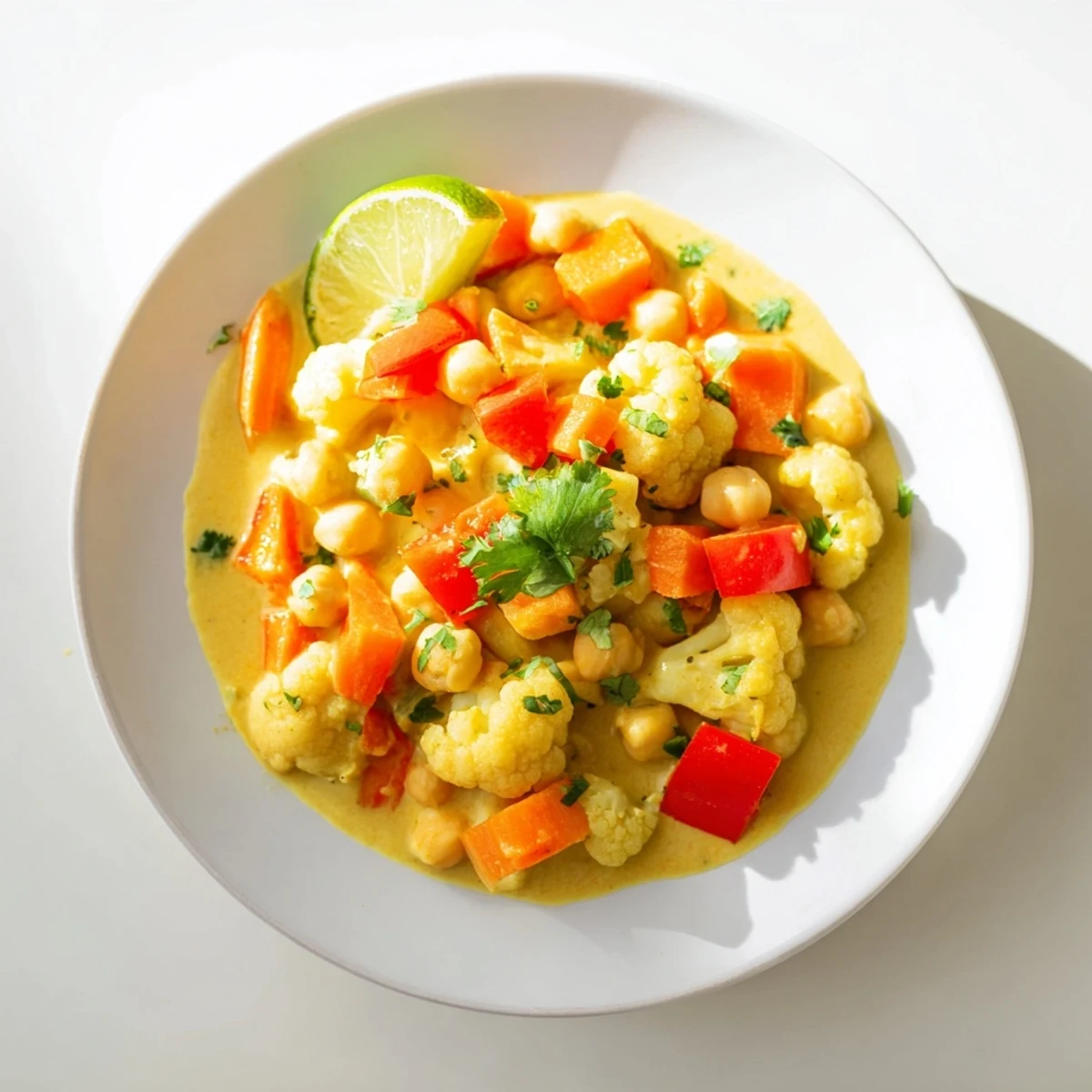 Enjoy a warm bowl of flavorful curried cauliflower and chickpea coconut stew, ideal for a vegan weeknight.