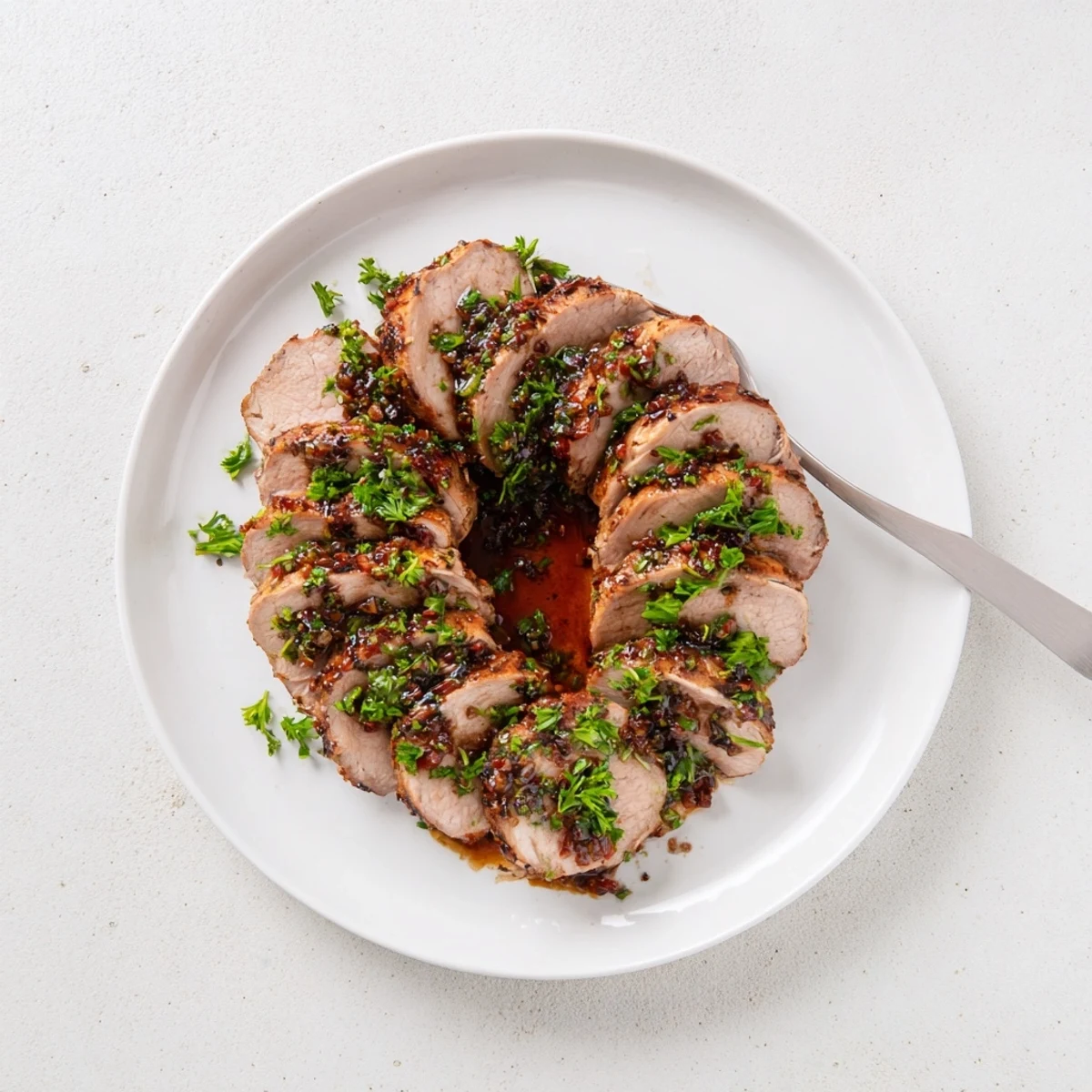 Savory slices of Tart Cherry Date Glazed Pork Tenderloin with a glistening, fruity glaze.