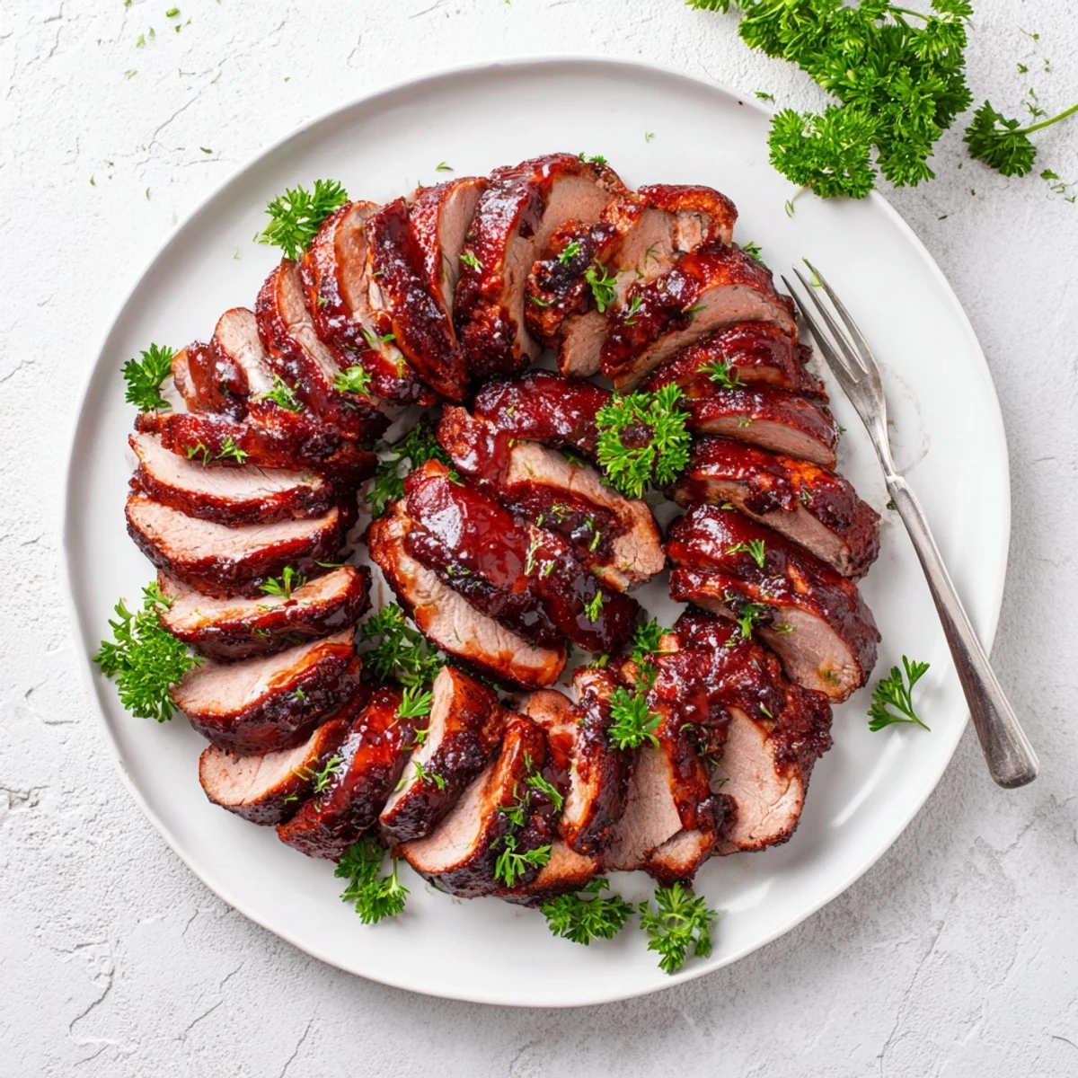 Beautifully browned Tart Cherry Date Glazed Pork Tenderloin, ready to serve with a garnish of parsley.