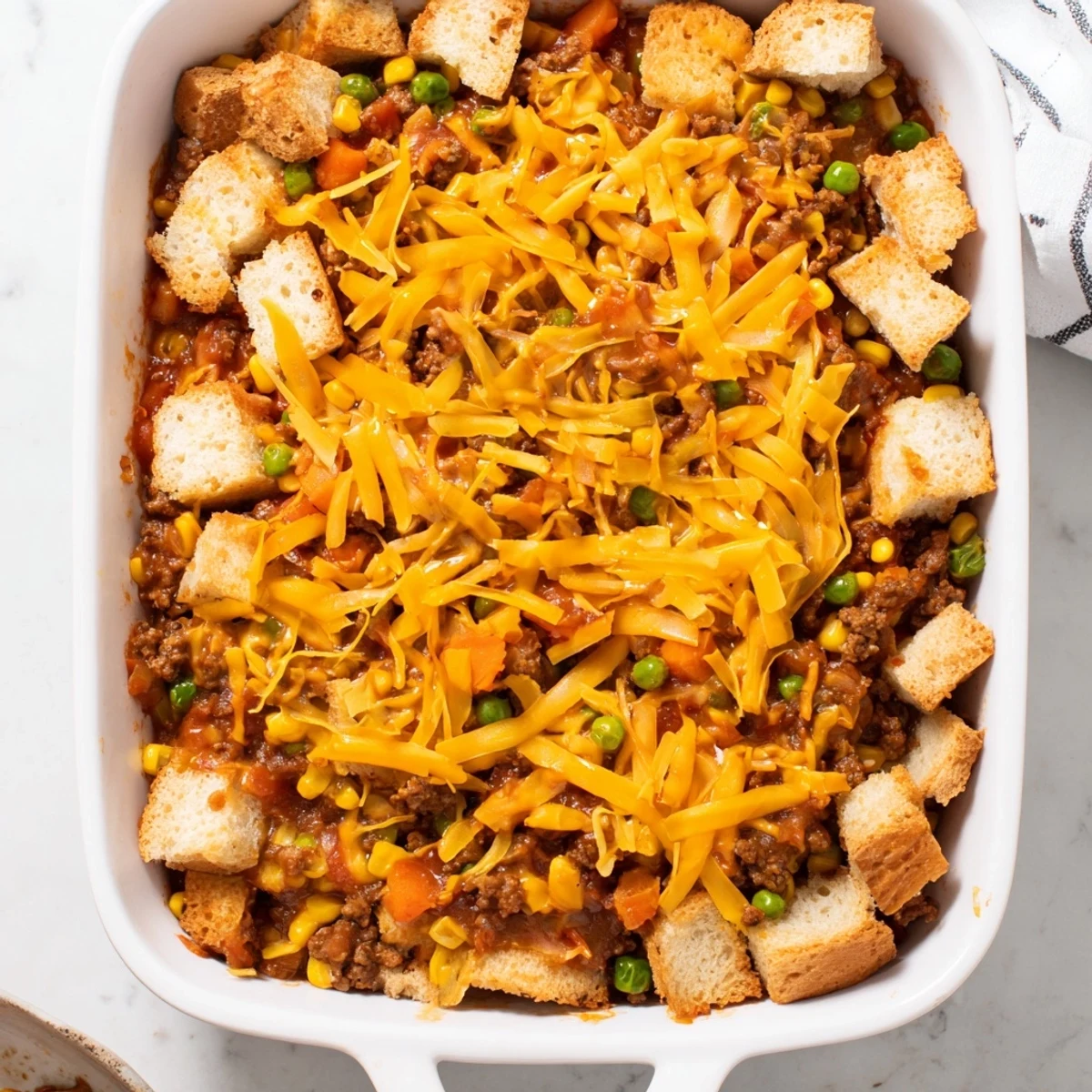 This easy 5-Ingredient Sloppy Joe Casserole shows off tender bread and melty cheddar topping rich beef.