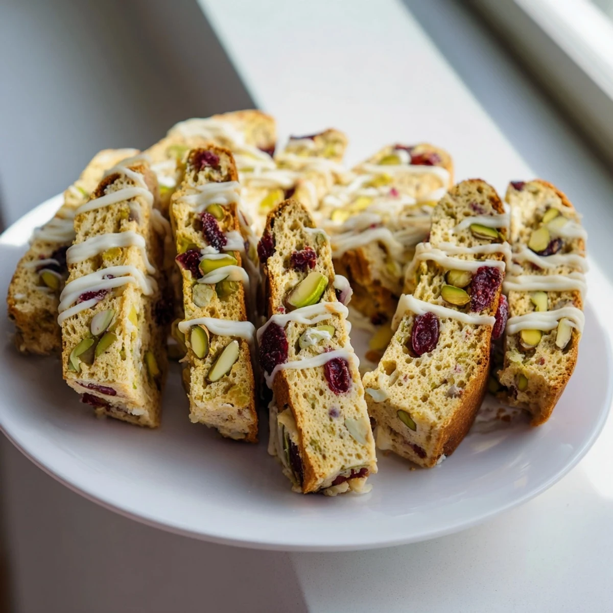 Pile of homemade White Chocolate Cranberry Pistachio Biscotti, perfect for sharing and gifting with coffee or tea.