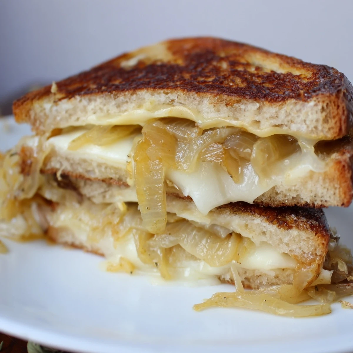 Close-up of a perfectly grilled French onion grilled cheese, showing a molten cheese pull and crusty bread.