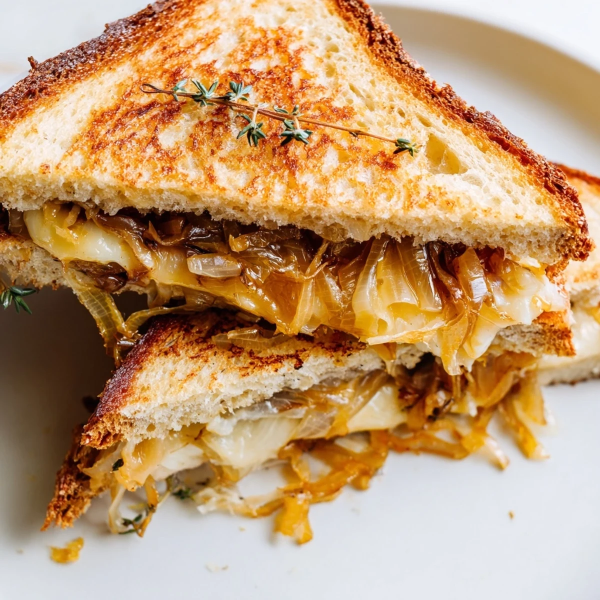 Golden, bubbly French onion grilled cheese sandwich with caramelized onions oozing from toasted bread.