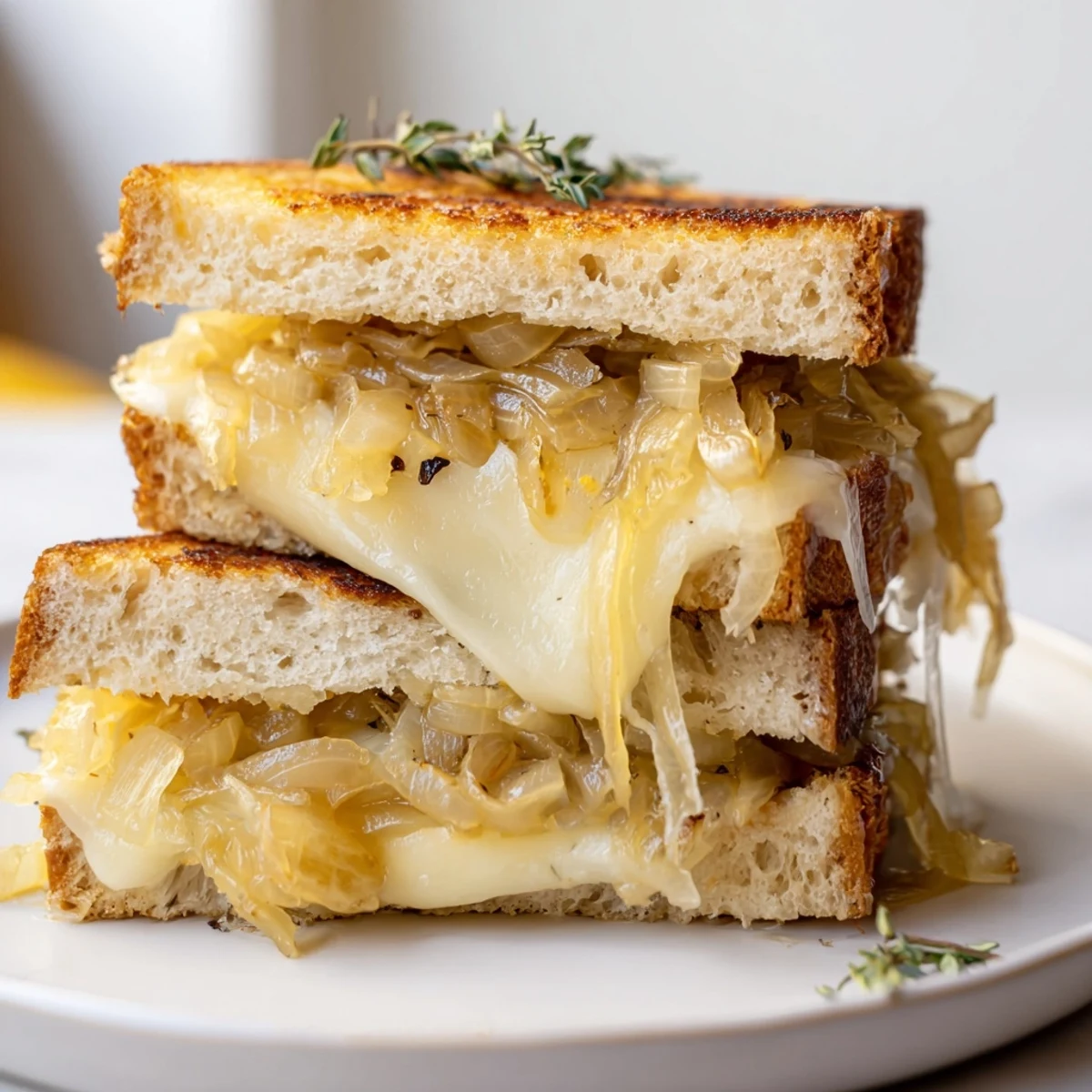Savory French onion grilled cheese ready to enjoy, the rich flavors of caramelized onions melded with melty cheese.