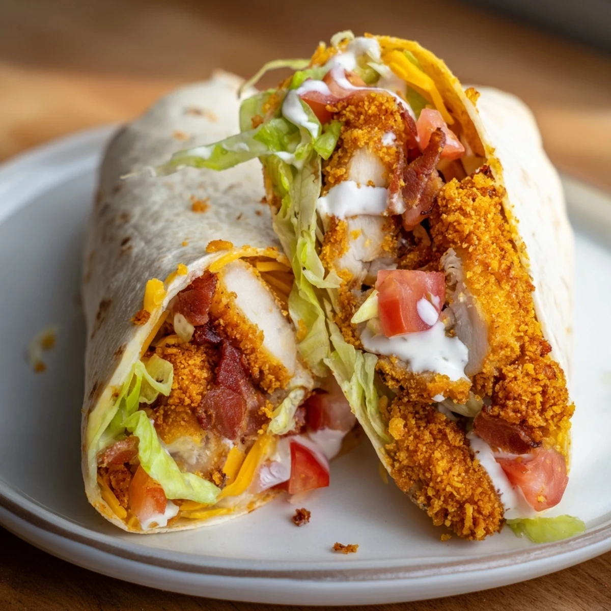 A close-up of a delicious chicken bacon ranch wrap, showing the satisfying textures and flavors inside.