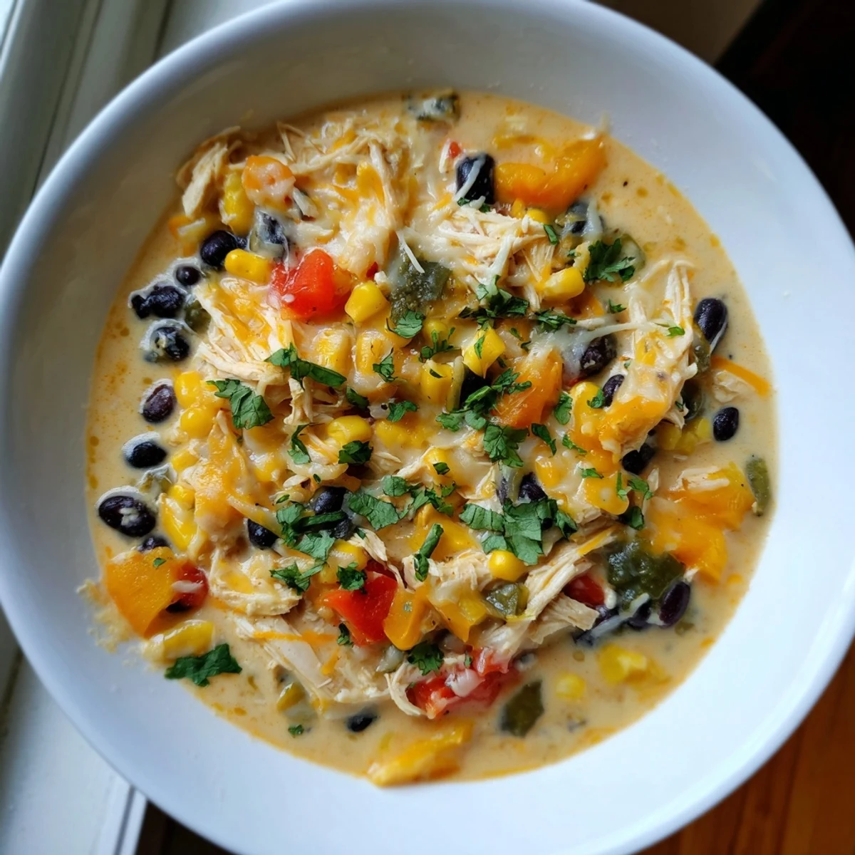 Steaming bowl of Chicken Poblano Soup, rich with hearty ingredients and a creamy broth, ready to enjoy.