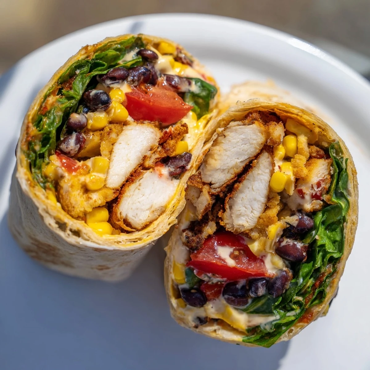 A delicious Southwestern Chicken Wrap, filled with zesty dressing and colorful veggies for lunch.