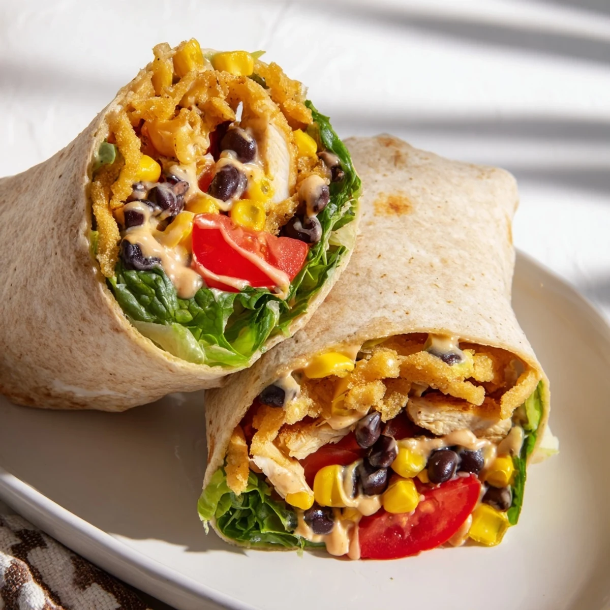 Freshly made Southwest Chicken Wrap, featuring crispy chicken and a creamy southwest sauce, ready to eat!