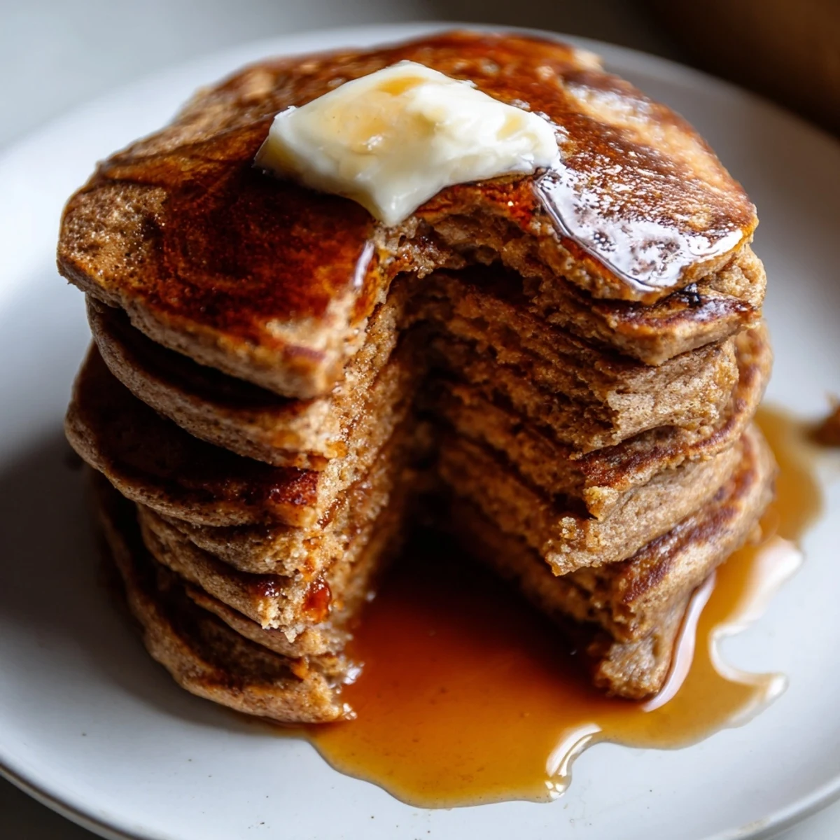 Stack of fluffy gingerbread pancakes with visible warm spices, perfect for a cozy morning meal.