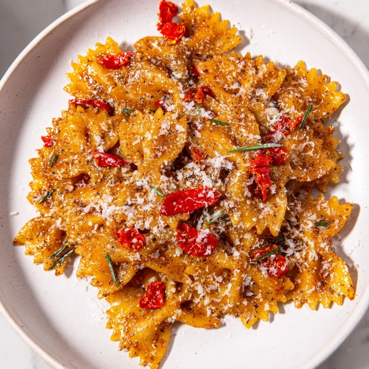 Delicious Lightened Christmas Pasta Chips coated in savory seasonings and baked to golden perfection for serving.