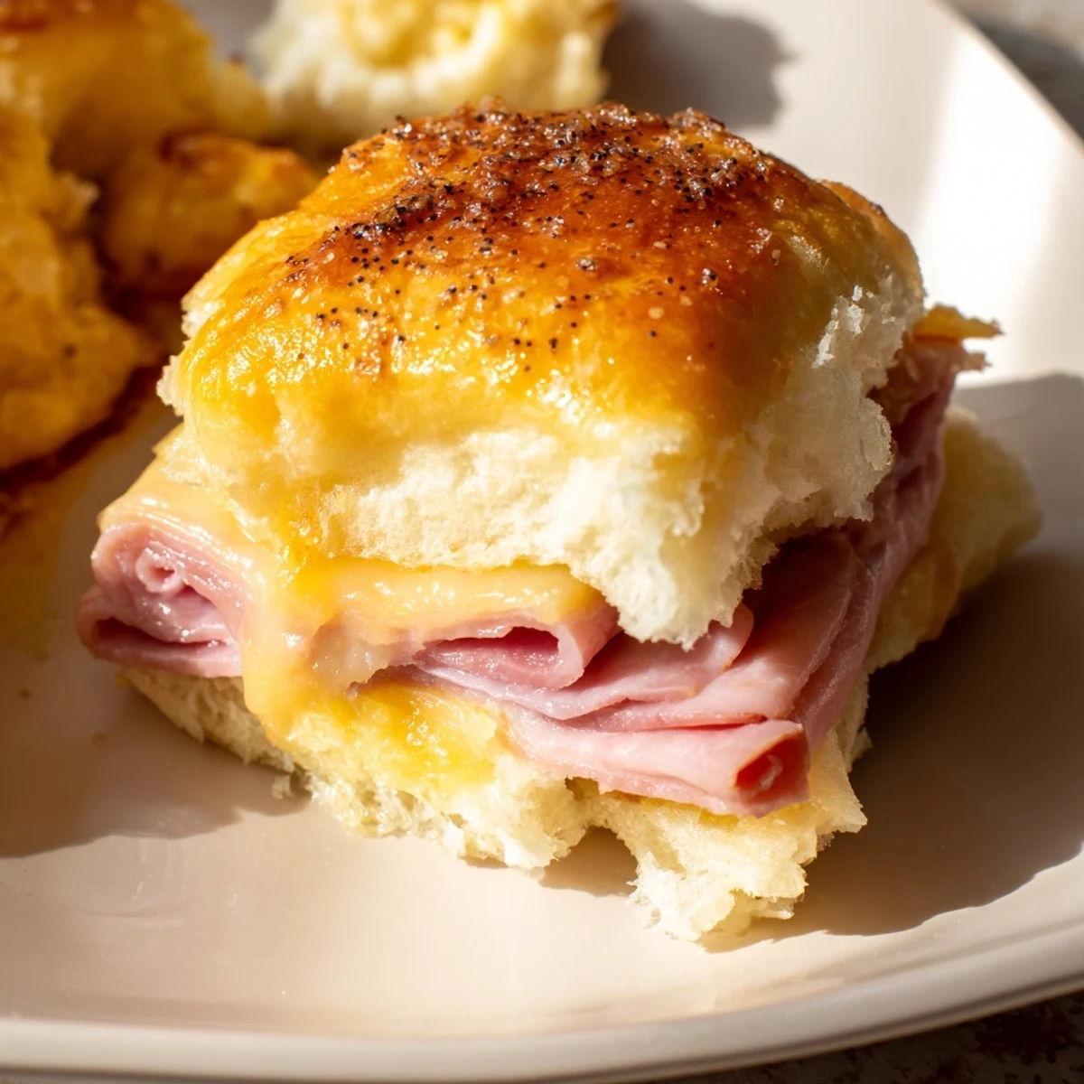 Golden, melty ham and cheese sliders, baked and ready to eat, perfect for a party appetizer.