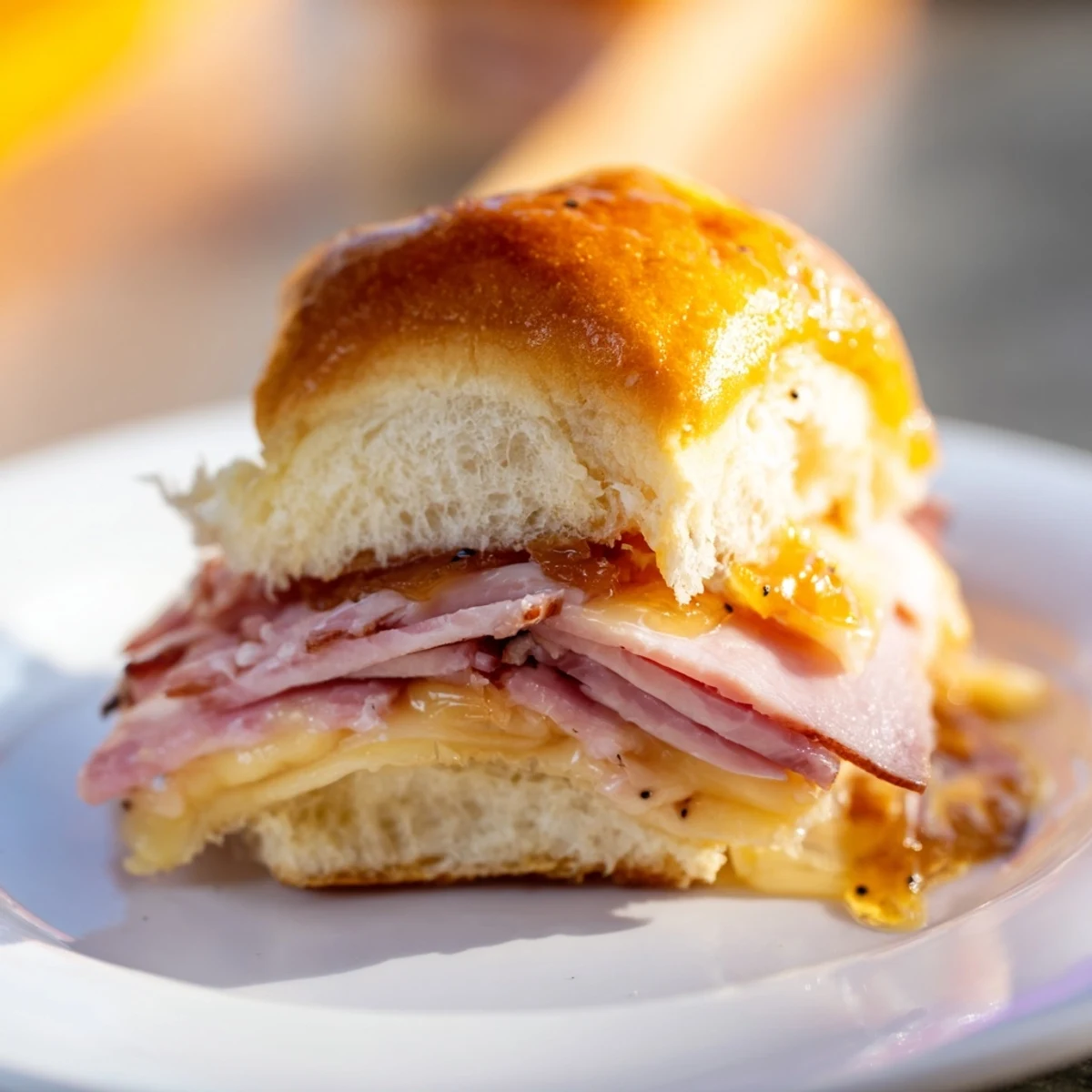 Warm, cheesy ham and cheese sliders, brushed with honey butter, offering savory bites for lunch.