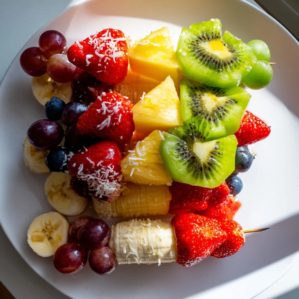 Vibrant photo of easy festive fruit kabobs, a colorful and refreshing party snack, ready to enjoy.