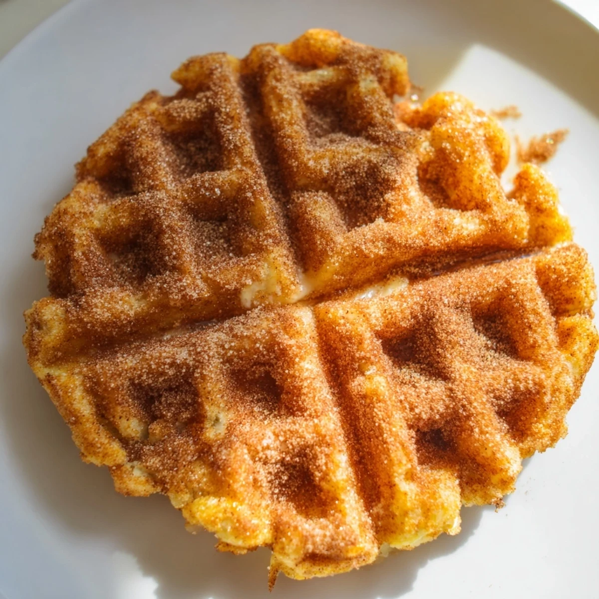 Golden, crispy cinnamon sugar churro waffles, tempting breakfast treat, ready to drizzle with chocolate sauce.