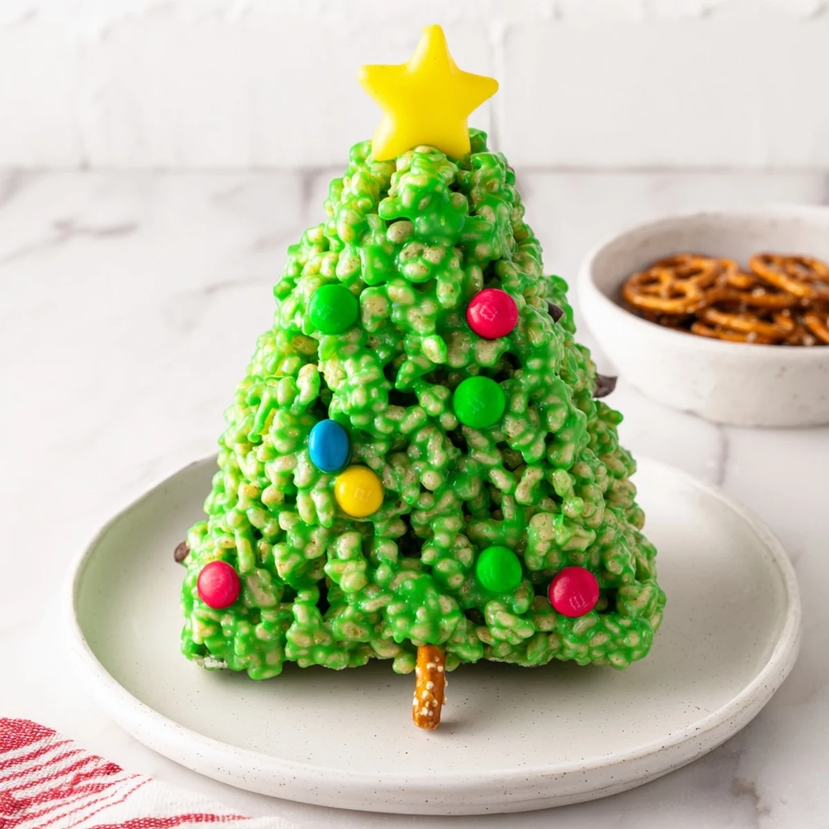 Festive green Christmas Tree Rice Crispy Treats topped with colorful candies and star decorations, perfect for the holidays.