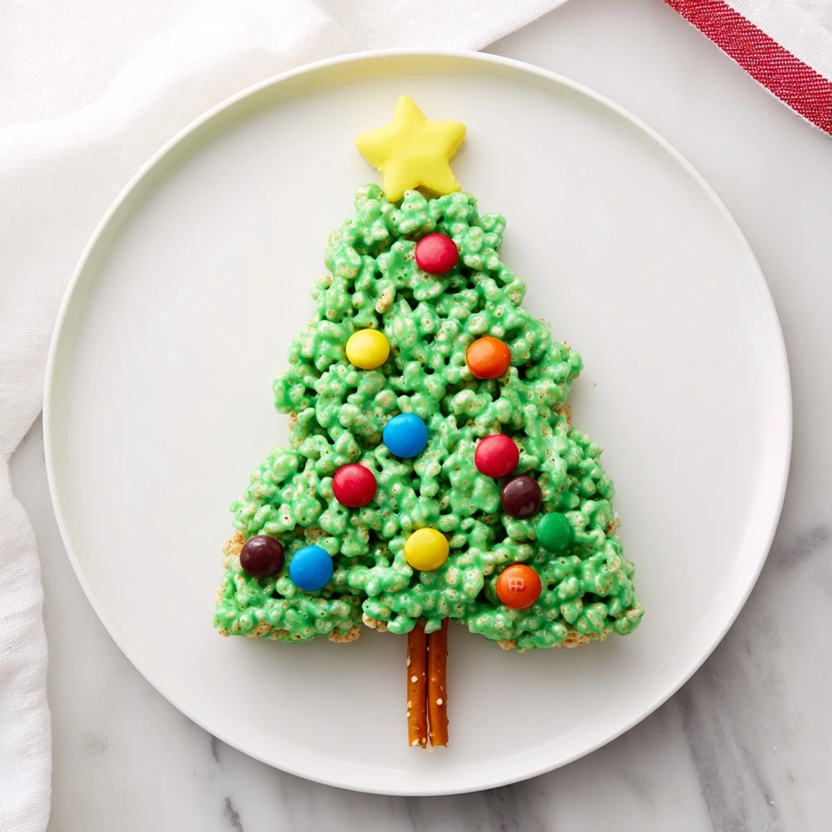 Close-up of freshly made Christmas Tree Rice Crispy Treats, a delicious, sweet dessert with crunchy textures and fun toppings.