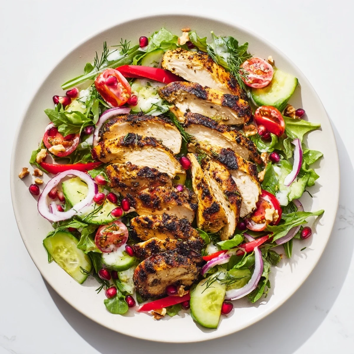 Vibrant Holiday Black Pepper Chicken and Yogurt Salad, showcasing tender chicken with fresh vegetables and creamy dressing.