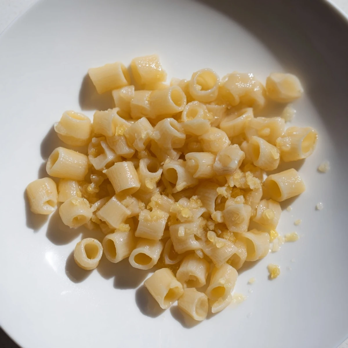 Close-up of buttery 3-Ingredient Butter & Garlic Ditalini, a fragrant Italian-inspired meal, ready to serve.
