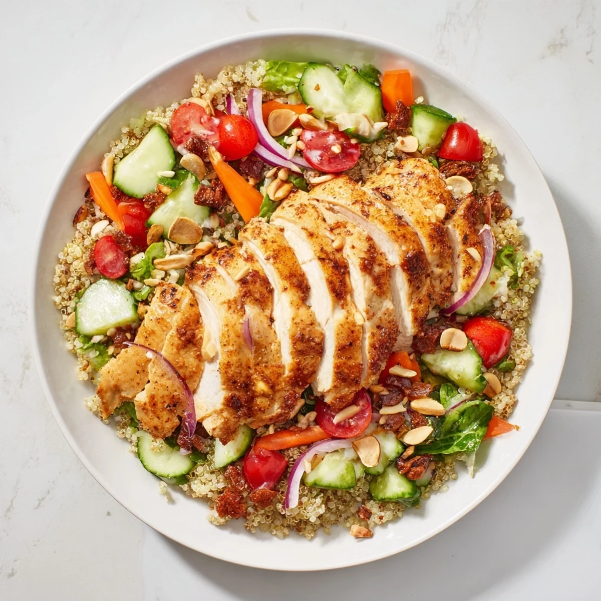 Vibrant Crunchy Quinoa Chicken Salad with juicy chicken and a bright, zesty lemon dressing.