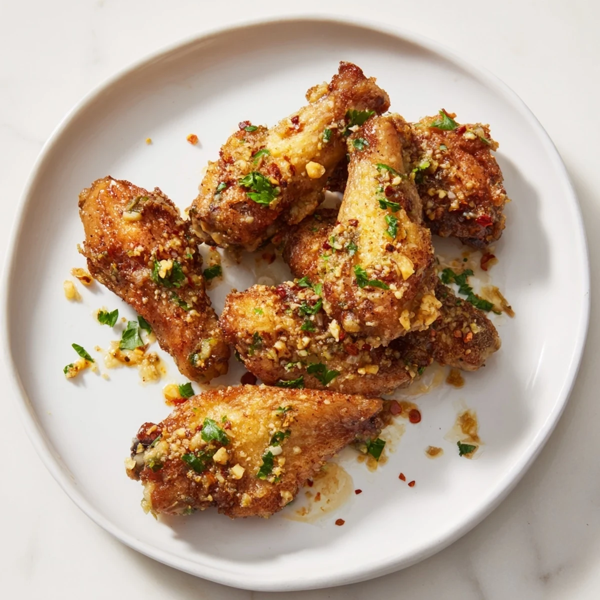 Golden-brown air fryer garlic-Parmesan chicken wings, a savory appetizer perfect for game day.