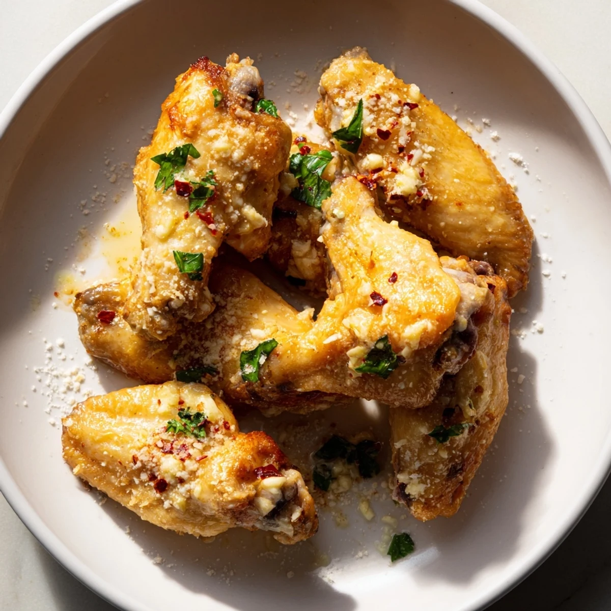 Crispy garlic-Parmesan chicken wings fresh from the air fryer, promising a delicious, savory meal.