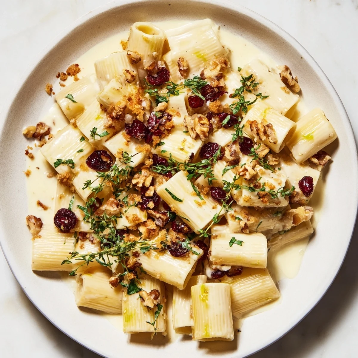 Cranberry and Brie Tartlet Pasta: A creamy bowl of pasta with golden breadcrumb topping and tart cranberries.