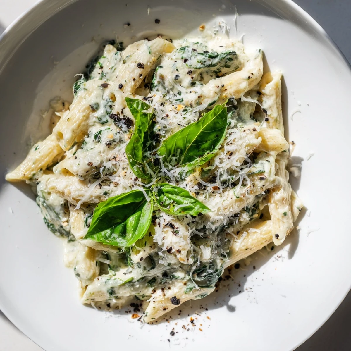 Cottage Cheese Creamy Spinach Pasta, plated beautifully, ready for a comforting and flavorful meal.