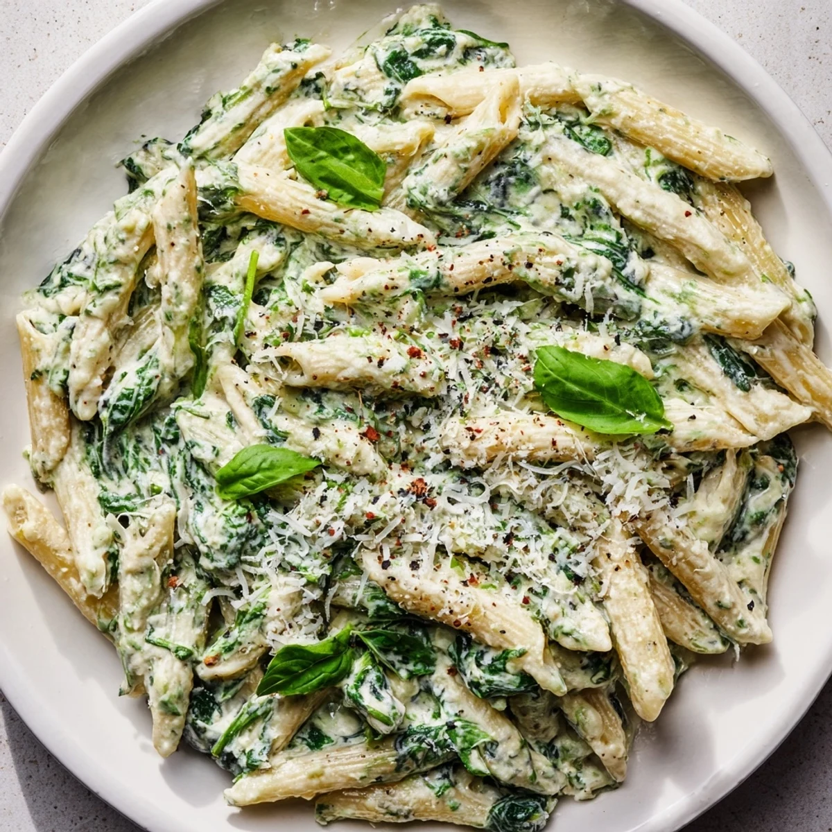 A bowl of Cottage Cheese Creamy Spinach Pasta, showing its creamy spinach sauce and fresh basil garnish.