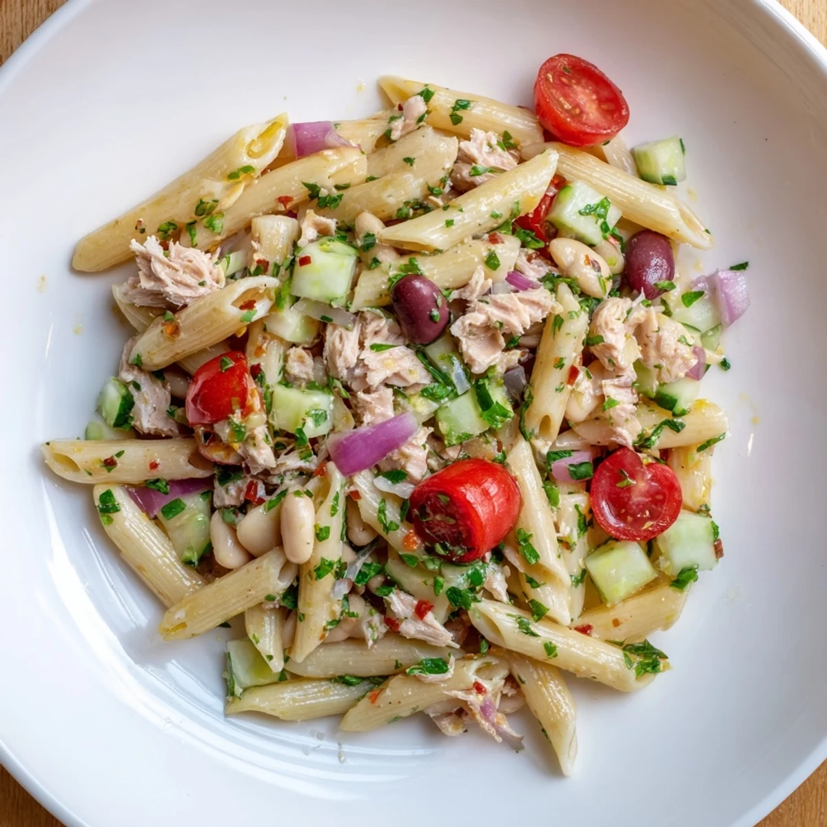 Spicy Tuna and White Bean Pasta Salad: a colorful medley with flaky tuna, beans, and vibrant vegetables.