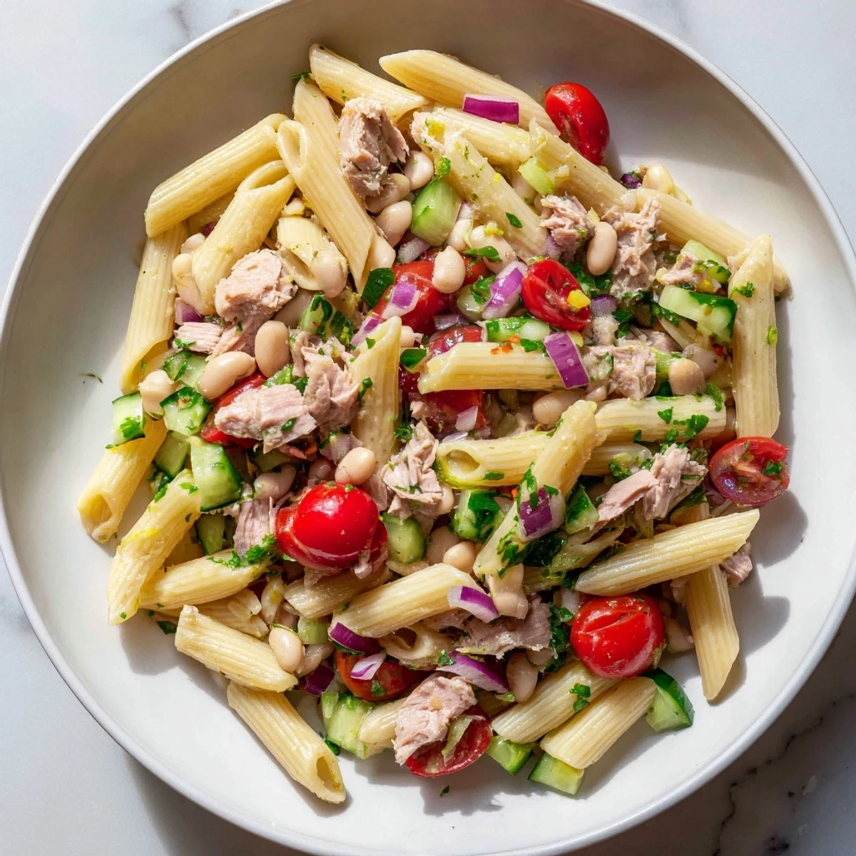 This Spicy Tuna and White Bean Pasta Salad recipe features a zesty, flavorful chili-lime dressing over pasta.