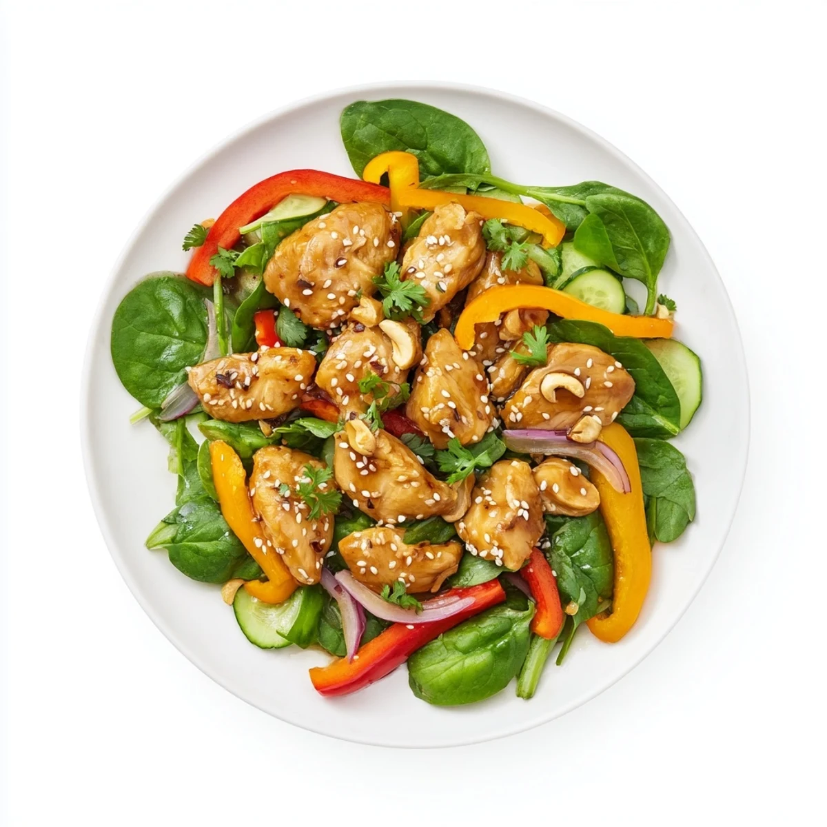 High-Protein Chicken Stir-Fry Salad Bowl with colorful veggies, seen drizzled with sesame-ginger dressing.