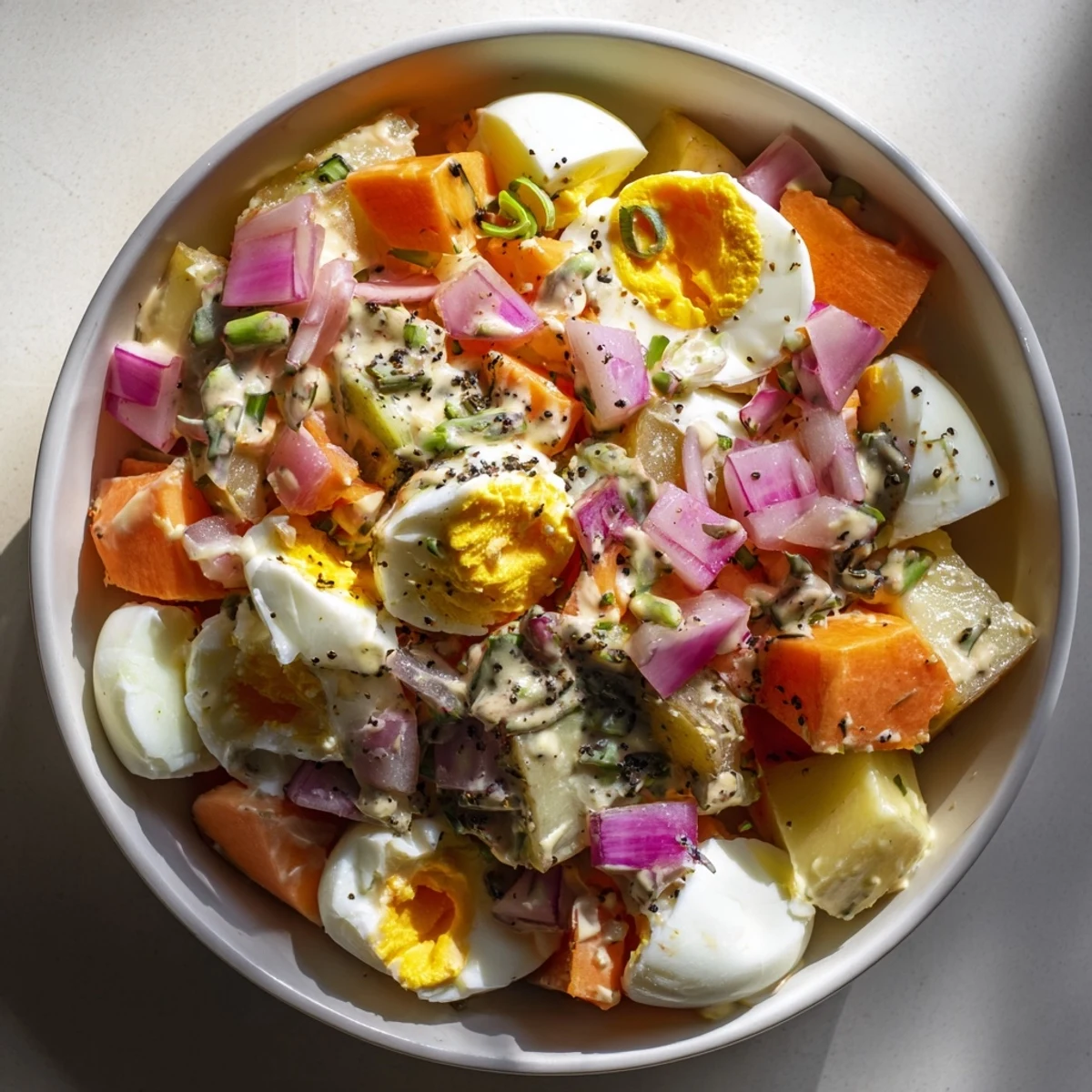 Fluffy chopped eggs nestle among tender potatoes in this vibrant egg and potato salad.
